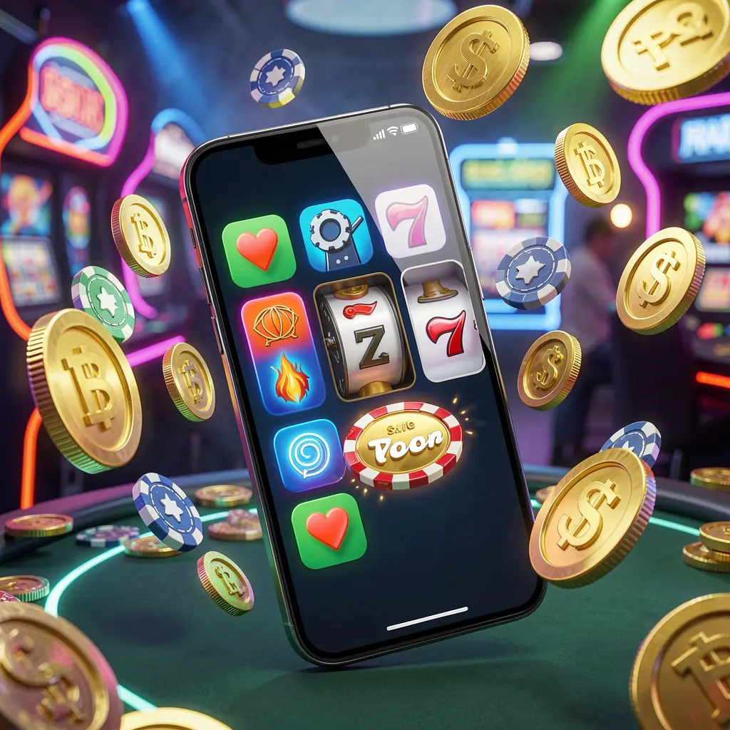 3U3U3U Android casino app concept displayed on a modern phone with app icons, surrounded by golden coins and slot symbols floating in a neon casino atmosphere in a realistic 3D render