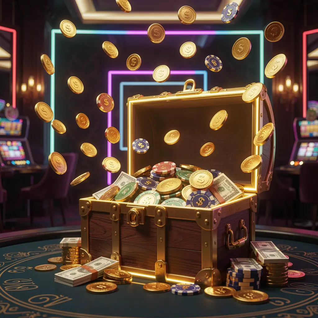 A premium online casino bonus hero banner featuring 3U3U3U brand with golden coins flying in the air and a glowing treasure chest full of chips and cash against a luxury dark background with neon accents, creating a festive and elegant casino atmosphere in high detail with cinematic lighting