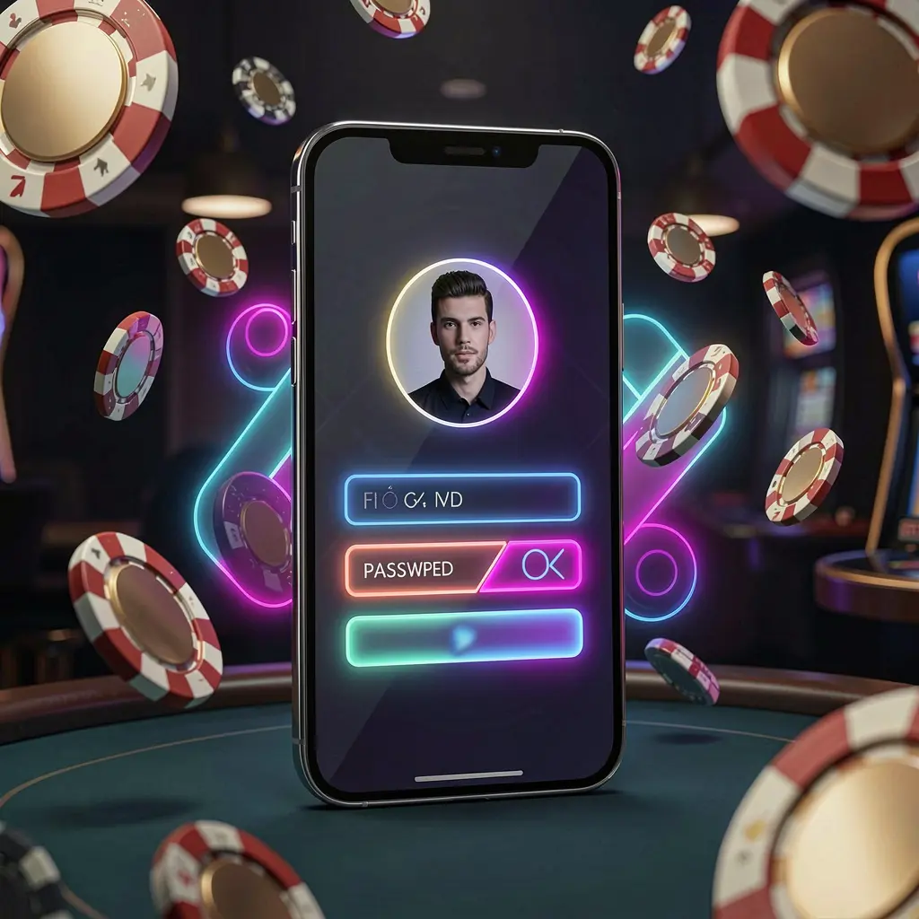 3U3U3U mobile casino login screen on a phone with neon glowing abstract UI shapes for user profile and password fields, surrounded by flying chips and coins in a dark premium casino atmosphere