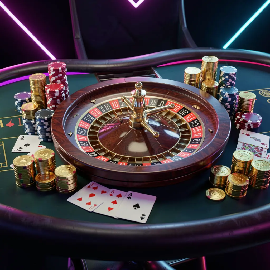 3U3U3U online casino homepage hero banner featuring a luxury casino table with a roulette wheel, poker chips, playing cards, and golden coins on a dark premium background with neon glow in a cinematic 3D render